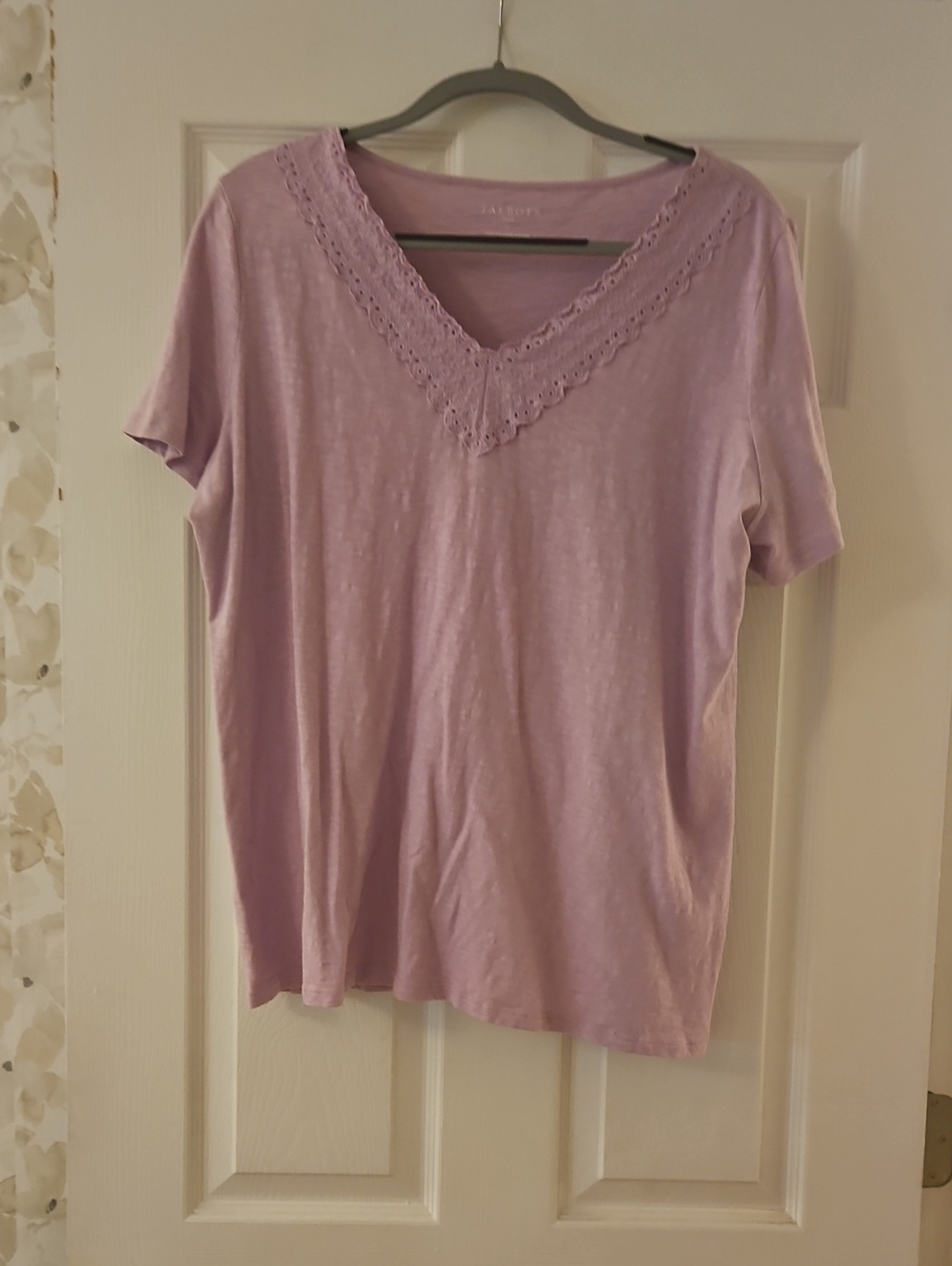 Talbots Lavender V-Neck Short Sleeve Top with Lace Trim